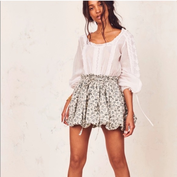 LoveShackFancy Cheyanne Floral Print Bubble Mini Skirt in Warm Grey - Picture 2 of 12